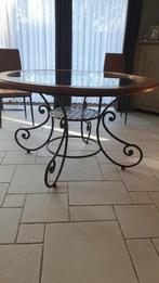 PRACHTIGE VINTAGE EETTAFEL IN HOUT, GLAS & SMEEDIJZER, Huis en Inrichting, Gebruikt, Rond, Ophalen of Verzenden, Vier personen