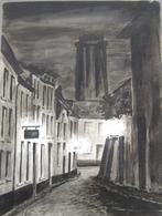 Aquarel L. Boschmans -Hertshoornstraatje (Mechelen)bij nacht, Antiek en Kunst, Kunst | Schilderijen | Klassiek, Ophalen of Verzenden