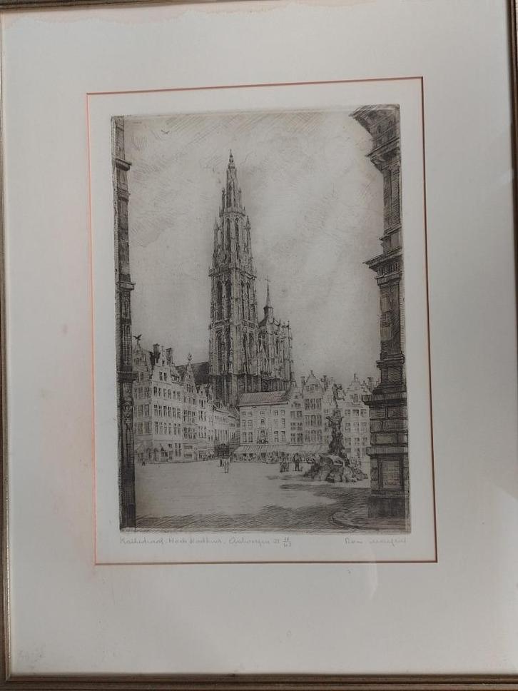 Romain Malfliet  1910 - 2006  Ets Kathedraal Grote Markt, Antiek en Kunst, Kunst | Etsen en Gravures, Verzenden