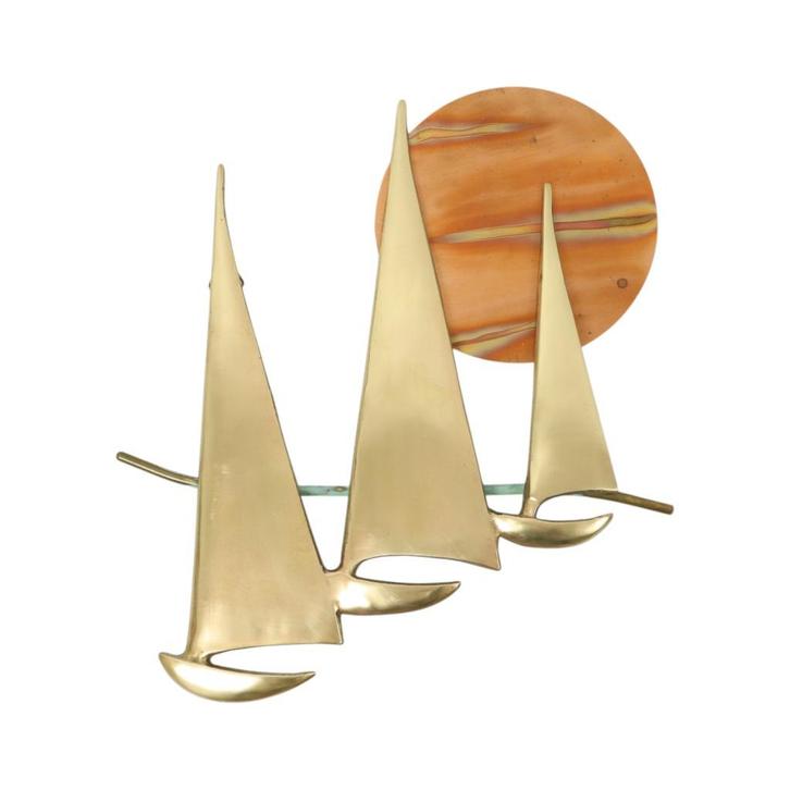 Mid Century Muurdecoratie Boten met Zon Messing en Rood Kope, Collections, Rétro, Maison et Meubles, Enlèvement ou Envoi
