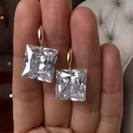 Oorbellen vierkan zirkoon verguld 14K, Met kristal, Hangers, Wit, Nieuw