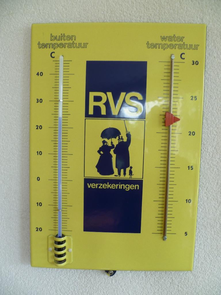 EMAILLE RECLAME BAD/THERMOMETER'RVS VERZEKERINGEN'JAREN60/70, Collections, Marques & Objets publicitaires, Comme neuf, Panneau publicitaire