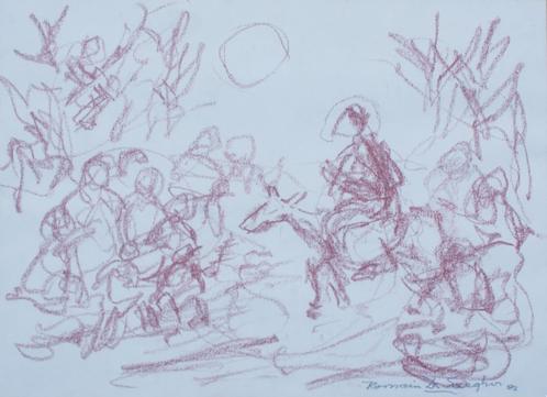 Romain De Saegher (1907-1986): Ruiter tussen volk (45x36cm), Antiek en Kunst, Kunst | Schilderijen | Klassiek, Ophalen of Verzenden