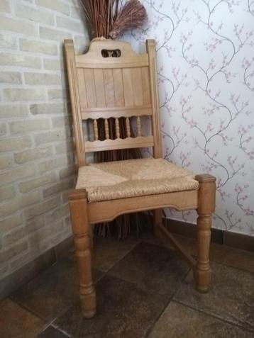 6 zware eiken stoelen, mooie rugleuning, rieten zitting, Huis en Inrichting, Stoelen, Ophalen, Gebruikt, Hout