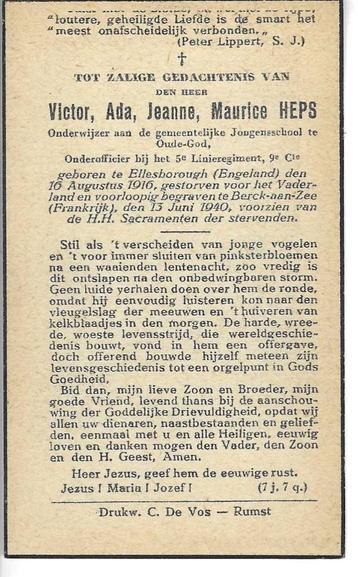 RP Victor AJM Heps oorlogsslachtoffer Juni 1940  beschikbaar voor biedingen