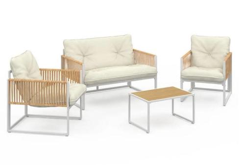4-zits lage tuinset van wit staal, licht rotan koorden NIEUW, Tuin en Terras, Tuinsets en Loungesets, Nieuw, Tuinset, Rotan, 4 zitplaatsen