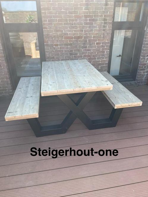 Steigerhout picknickset tuintafel gratis levering, Tuin en Terras, Tuinsets en Loungesets, Nieuw, Tuinset, Steigerhout, Bank, Bijzettafel