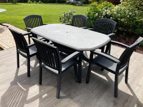 2 tables de qualité HARTMAN avec 6 chaises assorties, Jardin & Terrasse, Tables de jardin, Utilisé, Rectangulaire, Synthétique