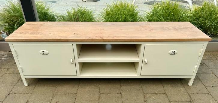 Wit metalen en mangohouten tv-meubel B 153 cm - Copernic, Huis en Inrichting, Kasten |Televisiemeubels, Zo goed als nieuw, Metaal
