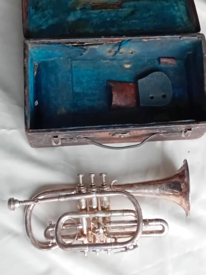 Zeldzame cornet Hawkes & Son 'The Clippertone, Excelsior, Muziek en Instrumenten, Blaasinstrumenten | Hoorns, Gebruikt, Met koffer