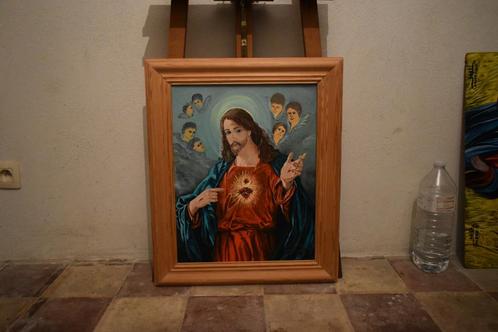Painting of jesus sacred heart of jesus, signed joky kamo, Antiquités & Art, Art | Peinture | Moderne, Enlèvement