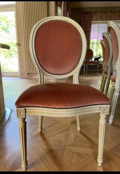IK ZOEK : set van medaillonstoelen in velours, Huis en Inrichting, Stoelen, Zo goed als nieuw, Vier, Hout, Overige kleuren, Ophalen