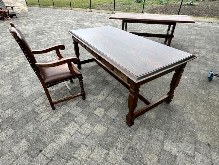 Massief eiken bureau 180x79 cm met 3 lades + stoel, Antiek en Kunst, Antiek | Kantoor en Zakelijk, Ophalen