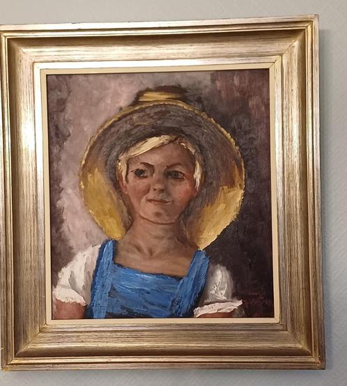 Miesjel Van Gerwen,  Meisje met strooien hoed, 57 x 61 cm, Antiek en Kunst, Kunst | Schilderijen | Klassiek, Ophalen of Verzenden