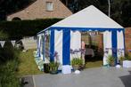 Oude partytent 8x4m  te koop gestreept wit blauw, Jardin & Terrasse, Tonnelles, Tente de réception, ,?, Enlèvement, Utilisé