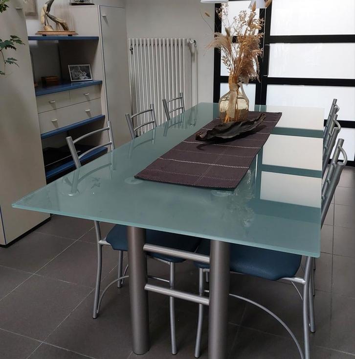 Design tafel met gezandstraald glazen blad en 6 stoelen., Huis en Inrichting, Tafels | Eettafels, Zo goed als nieuw, Ophalen