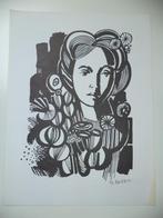 1976 Marcel Cockx litho portret jonge vrouw & bloemen gesign, Ophalen