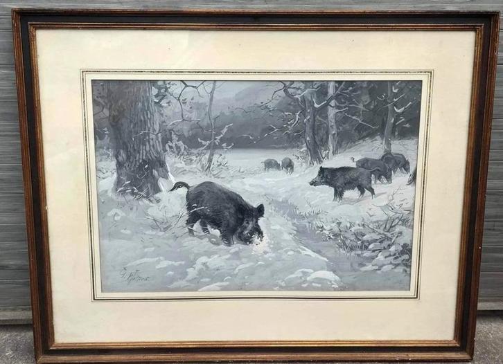 Aquarelle sanglier dans la forêt enneigé signe georg wolters, Antiek en Kunst, Kunst | Schilderijen | Klassiek, Ophalen of Verzenden