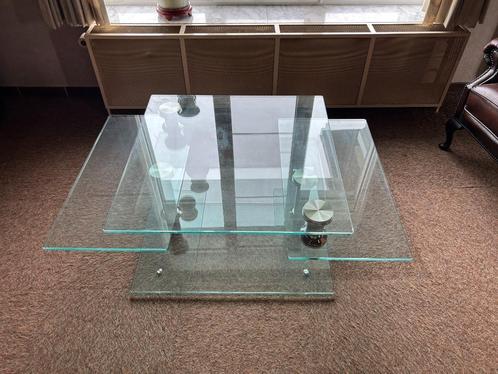 Modani "Fuji" roterende en verschuifbare glazen salontafel, Huis en Inrichting, Tafels | Salontafels, Gebruikt, Minder dan 50 cm