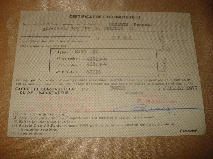 Ancien Certificat Conformité Cyclomoteur Puch Maxi 50 1971, Motoren, Handleidingen en Instructieboekjes, Overige merken, Ophalen of Verzenden