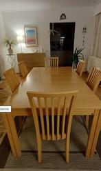 Licht eikenhouten tafel + 6 stoelen, Huis en Inrichting, Ophalen, Eikenhout, 200 cm of meer, 50 tot 100 cm