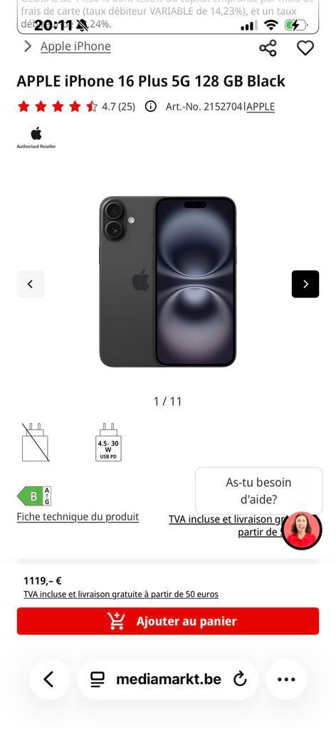 Iphone 16 +, Télécoms, Téléphonie mobile | Apple iPhone, Comme neuf, iPhone 16, Noir, Enlèvement