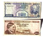 Ijsland, 1000 & 5000 kronur 1961, Ophalen of Verzenden, Overige landen, Los biljet