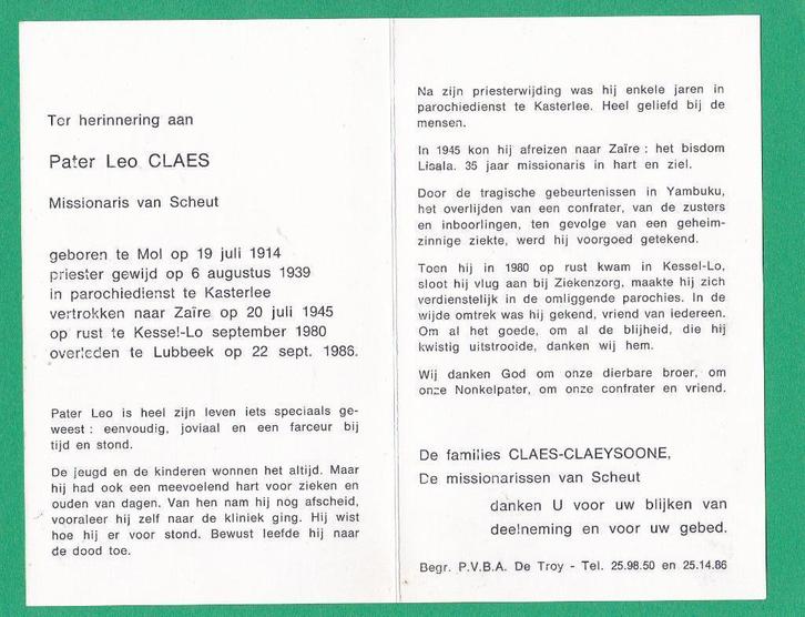 DP Pater Leo Claes, Verzamelen, Bidprentjes en Rouwkaarten, Bidprentje, Verzenden