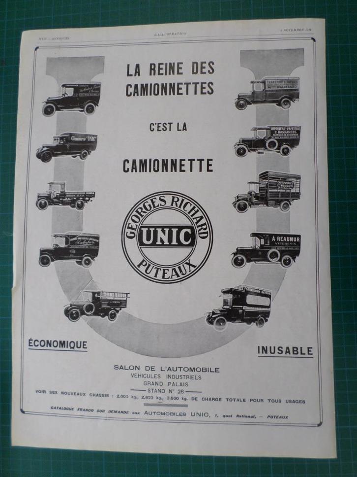 Unic camionnette - publicité papier - 1928, Verzamelen, Merken en Reclamevoorwerpen, Gebruikt, Overige typen, Ophalen of Verzenden