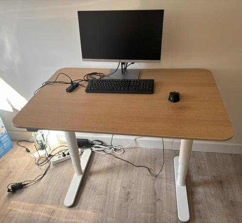 IKEA bureau zit/sta, elektrisch eikenfineer 120x80 en stoel, Huis en Inrichting, Bureaus, Zo goed als nieuw, Bureau, Elektrisch