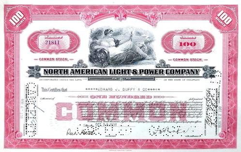 North American Light & Power Company 1938, Postzegels en Munten, Aandelen en Waardepapieren, Certificaat van aandeel, 1920 tot 1950