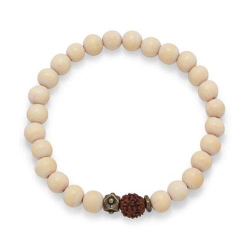 Fashion stretch armband met Rudraksha, messing & witte houte, Handtassen en Accessoires, Armbanden, Nieuw, Ophalen of Verzenden