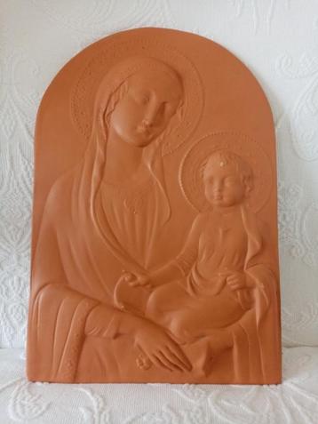 Grande plaque murale religieuse  en terre cuite 60s  31/23cm