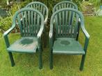 4 stapelbare groene plastic stoelen, Tuin en Terras, Tuinstoelen, Plastic, Gebruikt, Ophalen