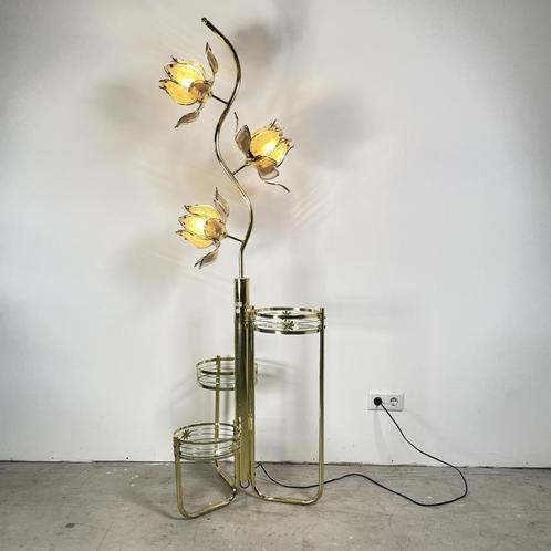 Gouden lotuslamp met 3 etages, Huis en Inrichting, Lampen | Vloerlampen, Gebruikt, 150 tot 200 cm, Glas, Metaal, Ophalen of Verzenden