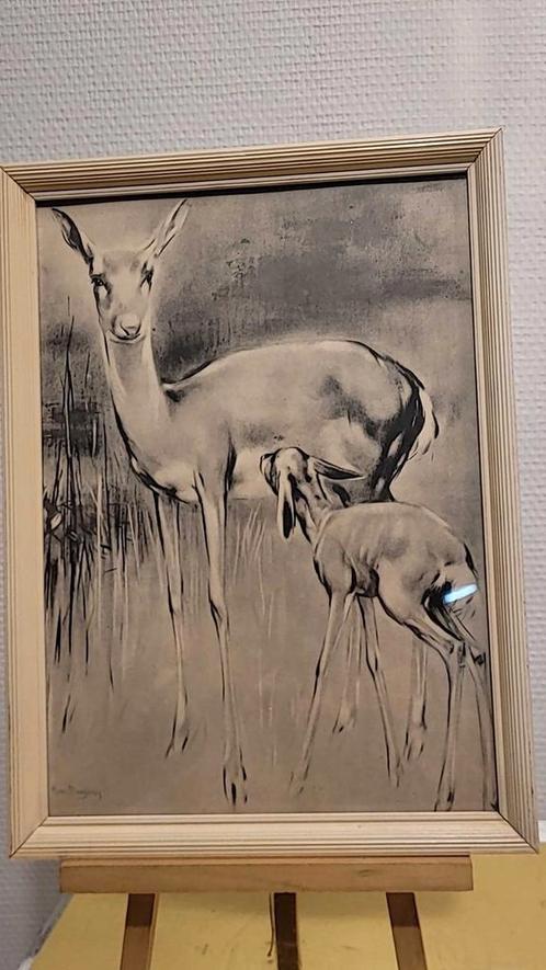 "Hert met zijn jongen" kopergravure door Han van Meegeren, Antiek en Kunst, Kunst | Etsen en Gravures, Ophalen of Verzenden