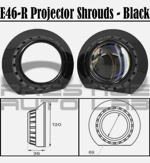 2x E46-R Zwarte 2,5-3" SHROUDS Xenon lens PROJECTOR bmw E46, Auto-onderdelen, Verlichting, BMW, Ophalen of Verzenden