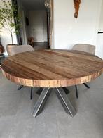 Eettafel rond massief hout stalen 3-poot, Huis en Inrichting, Tafels | Eettafels, Ophalen, Rond, Vier personen, Overige houtsoorten