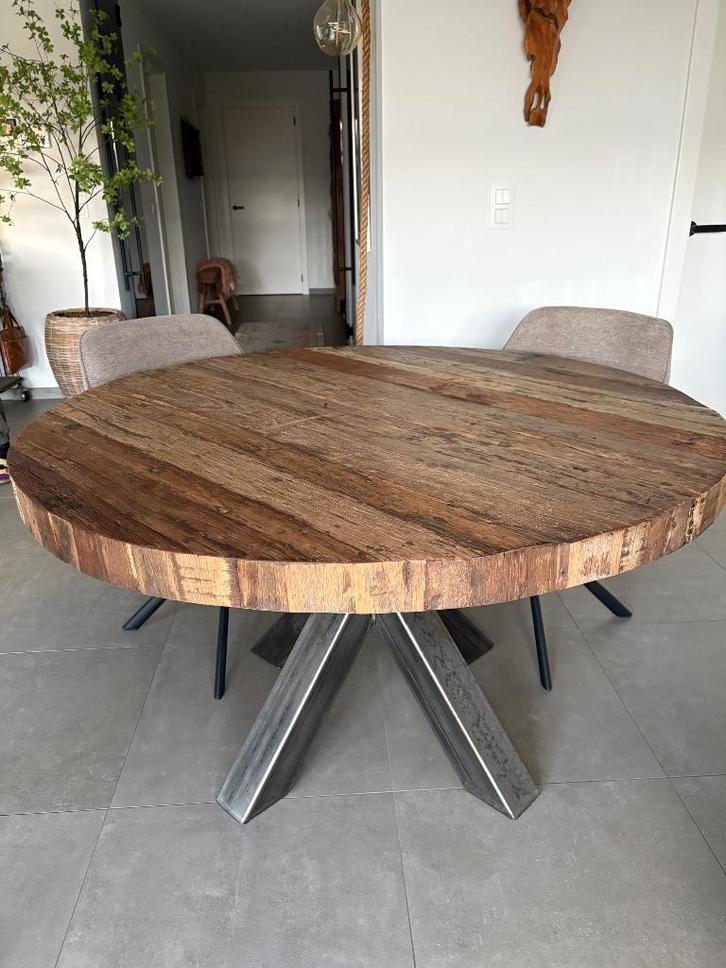 Eettafel rond massief hout stalen 3-poot, Huis en Inrichting, Tafels | Eettafels, Zo goed als nieuw, 100 tot 150 cm, 100 tot 150 cm