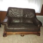Lederen salon met masief eiken frame + bijhorende salontafel, Huis en Inrichting, Ophalen, Gebruikt, Hout, Rechte bank
