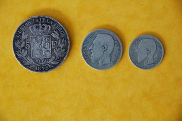 3 pièces belges en argent, 1867, 1875 et 1887