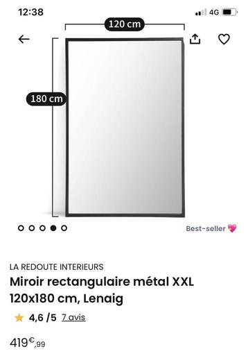 Miroir rectangulaire metal XXL 120x180 cm, 125 cm ou plus, Comme neuf, Rectangulaire, 150 à 200 cm