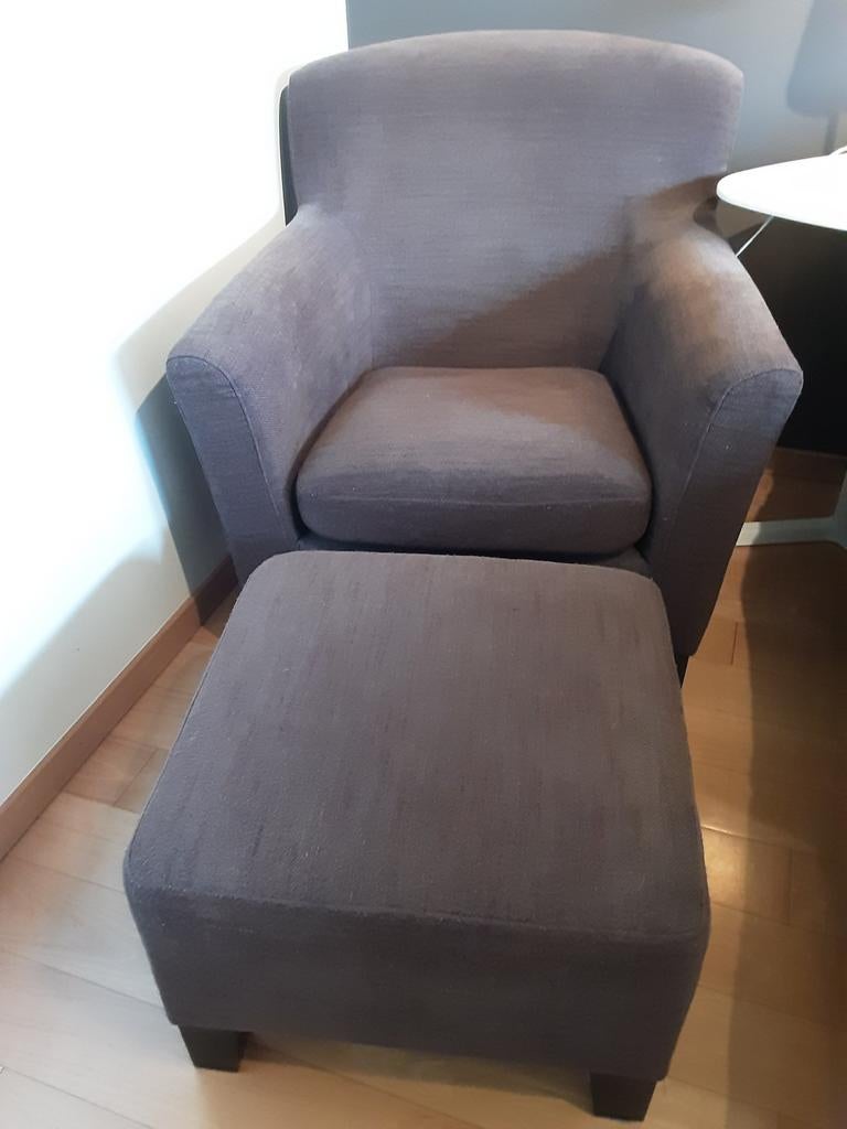 Bruine stoffen zetel met vierkante pouf, Huis en Inrichting, Ophalen