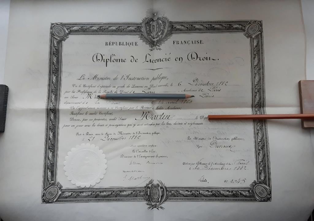 1882+Velin+Diplôme+Autographes+Ministère des Beaux-Arts, Enlèvement ou Envoi, AUTRES