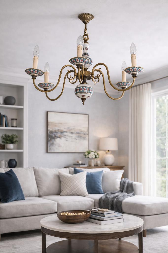 Lustre en laiton et porcelaine, Maison & Meubles, Lampes | Lustres, Utilisé, Enlèvement