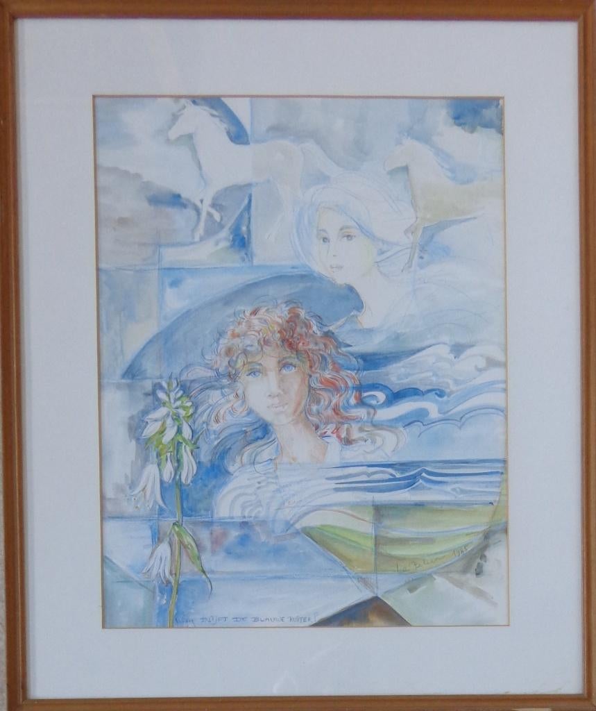 LEA BELIEN / BLAUWE RUITER / ORIGINEEL WERK / 62x52cm KADER, Enlèvement ou Envoi