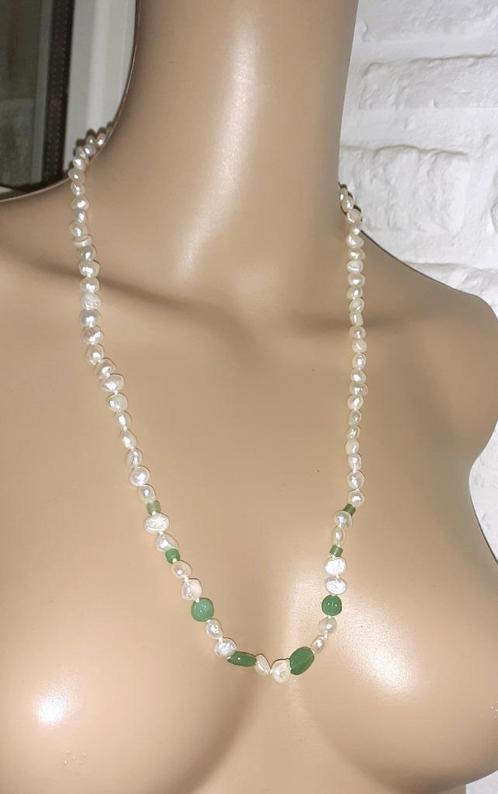 Ketting zoetwaterparel en groene aventurijn, Handtassen en Accessoires, Kettingen, Nieuw, Steen of Mineraal, Groen, Met edelsteen