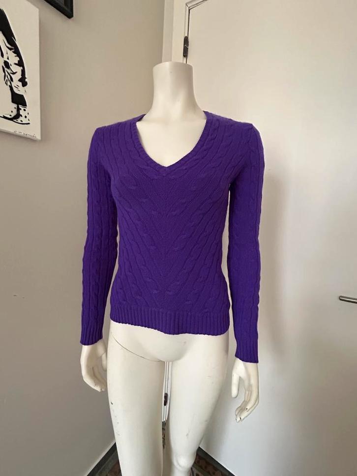 Ralph Lauren kabeltrui van kasjmier met V-hals S paars, Kleding | Dames, Truien en Vesten, Zo goed als nieuw, Paars, Ophalen of Verzenden