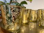 Set van 4 gouden theelichthouders + schaal – koraalprint, Huis en Inrichting, Ophalen, Overige materialen, Overige kleuren, Zo goed als nieuw