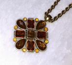 Ketting met hanger vintage bruine en oranje stenen '80, Handtassen en Accessoires, Kettingen, Verzenden, Oranje, Met hanger